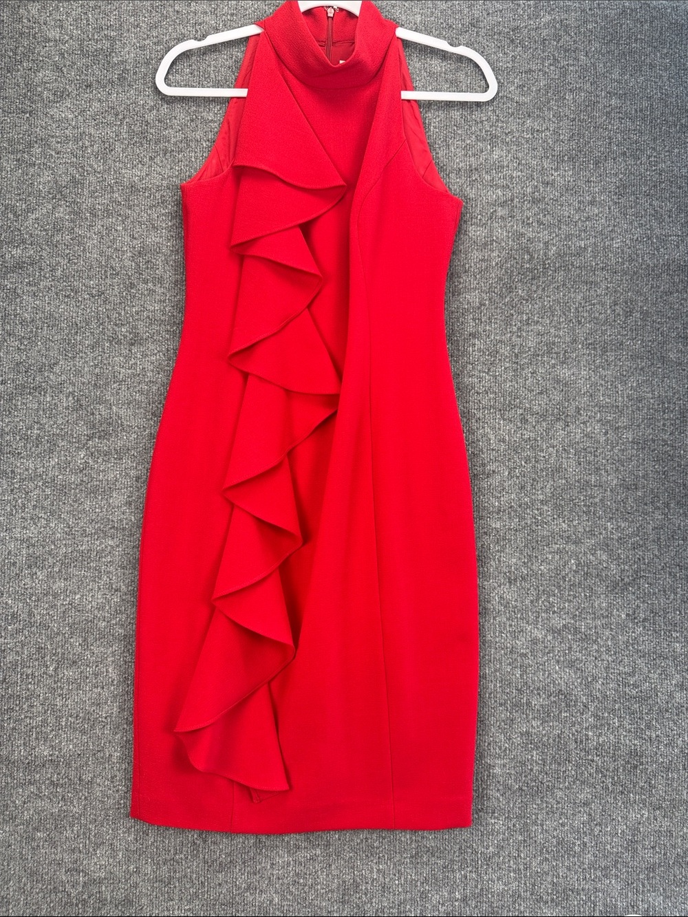 Elisa J Mock Neck Sleeveless Red Sheath Dress With Cascading Ruffle Front Size 6